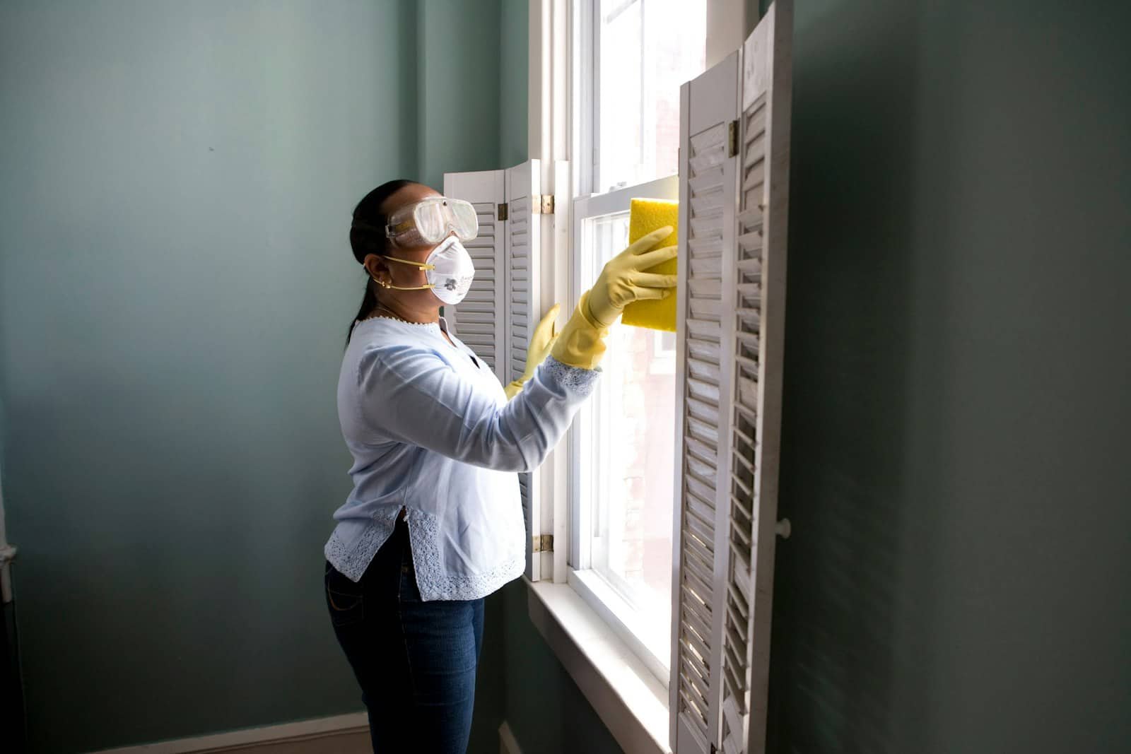 Operaria limpiando una ventana
